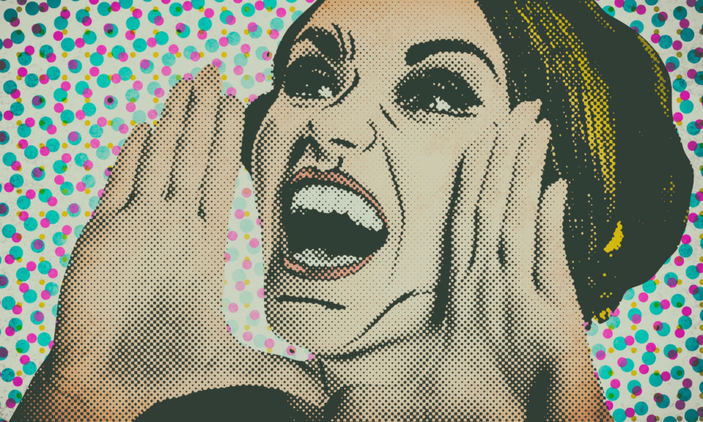 A woman yelling something, holding both hands over her mouth as she screams.