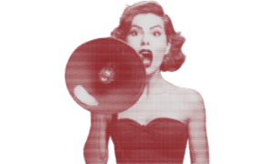 Woman holding up a megaphone yelling into it.