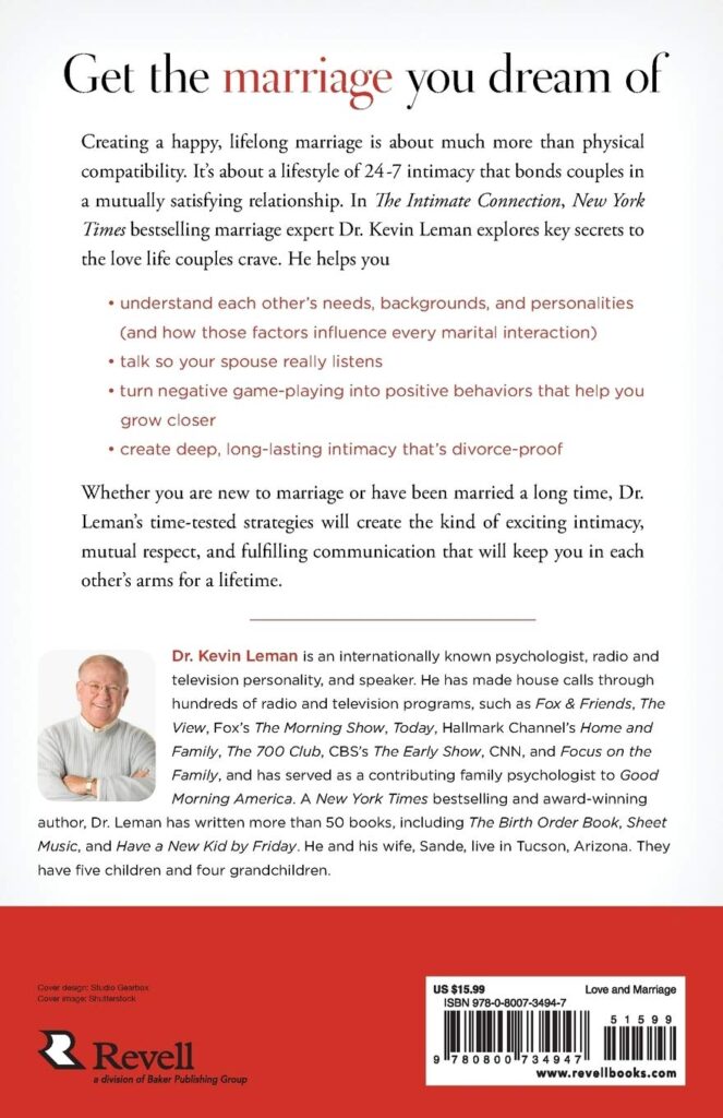 Creating a happy, lifelong marriage is about much more than physical compatibility. It's about a lifestyle of 24-7 intimacy that bonds couples in a mutually satisfying relationship. In The Intimate Connection, bestselling marriage expert Dr. Kevin Leman explores key secrets to the love life couples crave. He helps readers - understand each other's needs, backgrounds, and personalities (and how those factors influence every marital interaction) - talk so their spouse really listens - turn negative game-playing into positive behaviors that help couples grow closer - create deep, long-lasting intimacy that's divorce-proof Whether couples are new to marriage or have been married a long time, Dr. Leman's time-tested strategies will create the kind of exciting intimacy, mutual respect, and fulfilling communication that will keep husbands and wives in each other's arms for a lifetime.