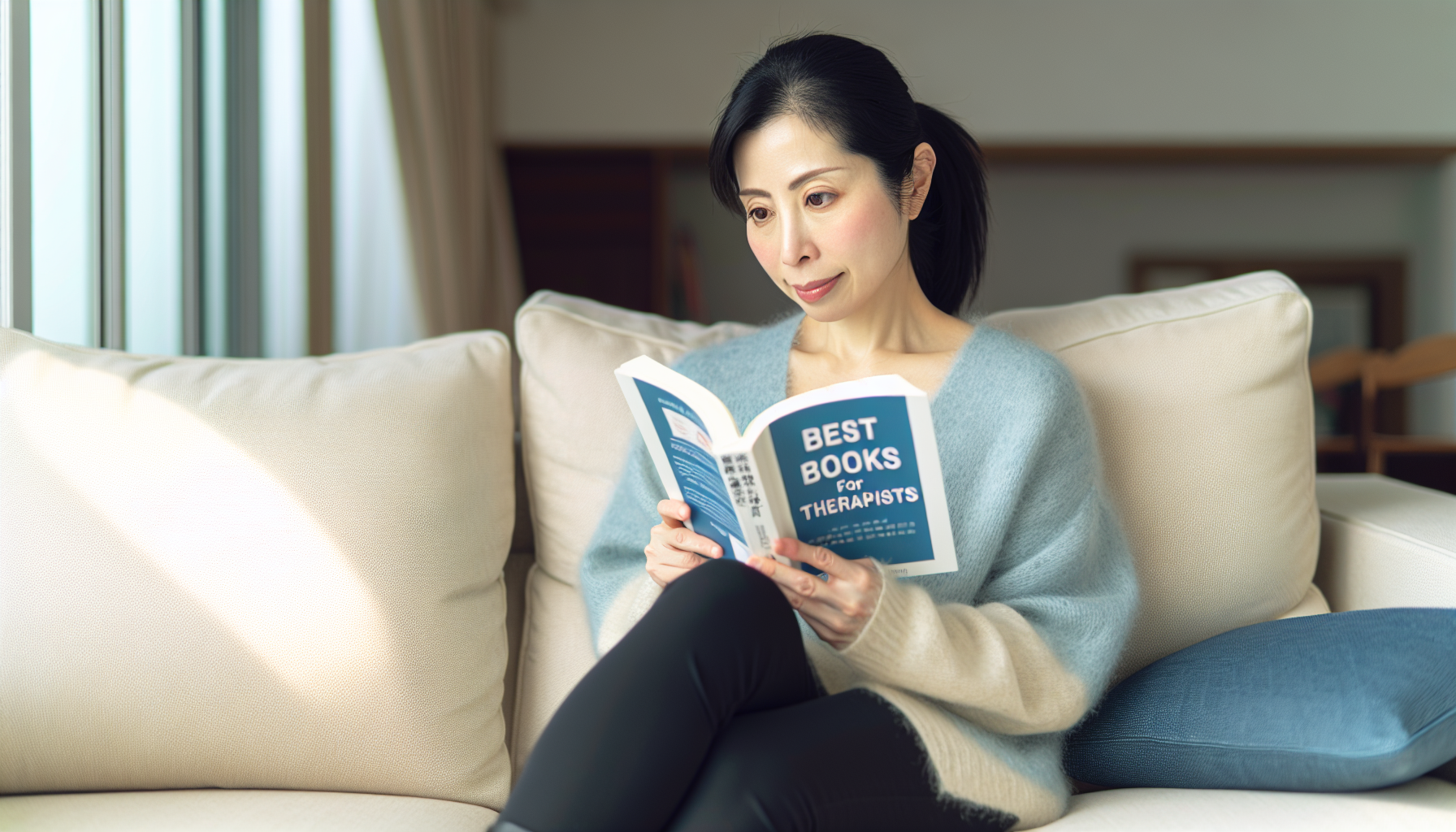A person reading a self-help book titled 'Best Books for Therapists'