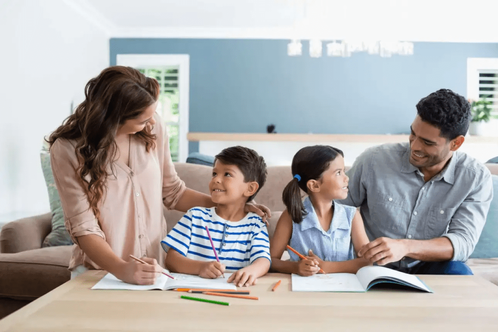 A family doing homework together.