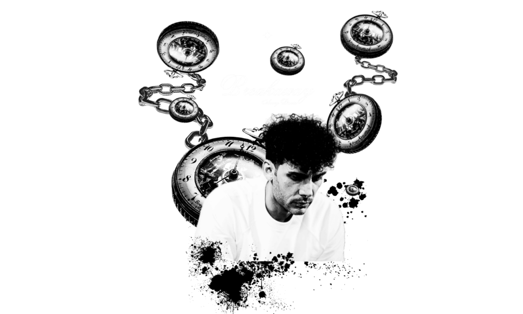 A man in a daze with clocks all around him