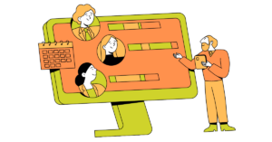 A people pleasing leader leading the conversation with his team via computer.