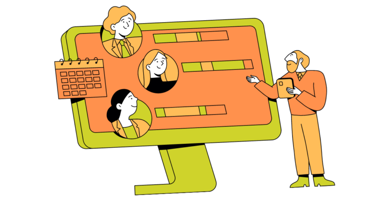 A people pleasing leader leading the conversation with his team via computer.