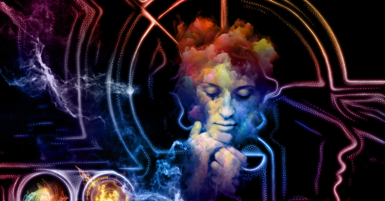 Picture of a woman that is floating in the air/clouds.