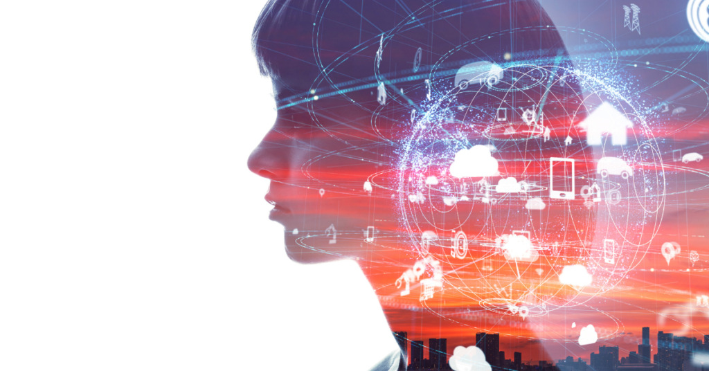 A woman with a series of background things, depicting how her life has been influenced. 