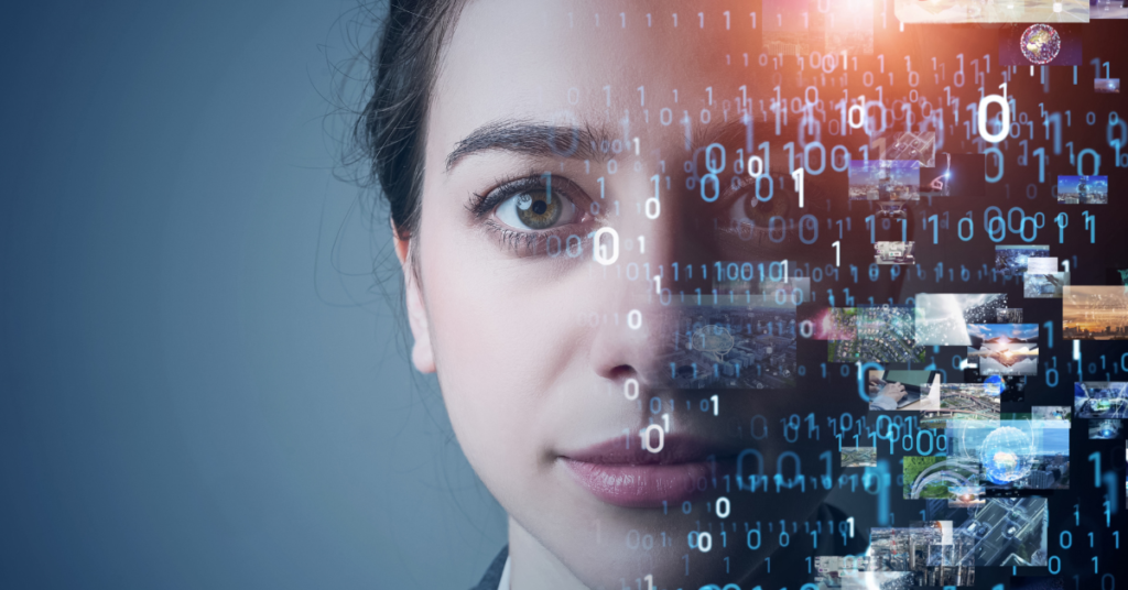 Picture of a woman with various thoughts and ideas flowing next to her as she thinks about life.