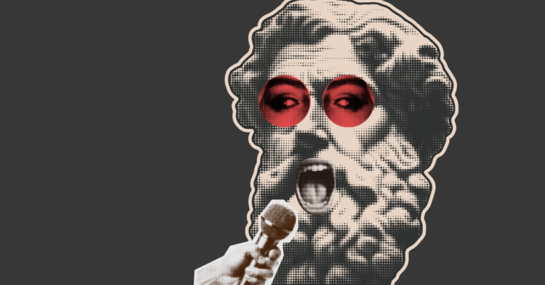 Men with beard. Red eyes, mouth open and a microphone to his face!