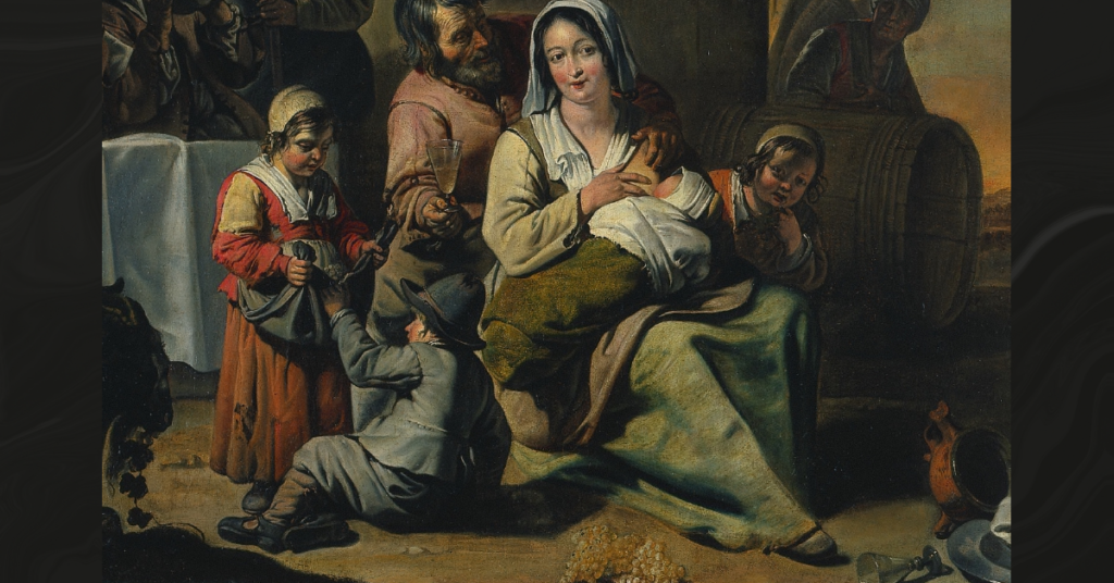 A family in a historic setting sitting together.