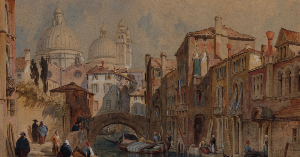 Picture of a city, people walking buildings are big, water is flowing.