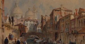 Picture of a city, people walking buildings are big, water is flowing.