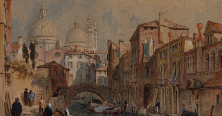 Picture of a city, people walking buildings are big, water is flowing.