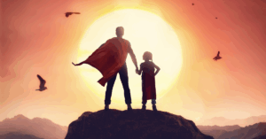 Man in a cape and a daughter holding his hand as they look off in the sunset.